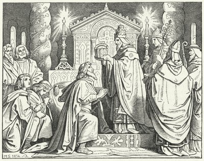 Koronacja Karola Wielkiego na cesarza rzymskiego, 800 (grawerowanie) autorstwa Moritz Ludwig von Schwind