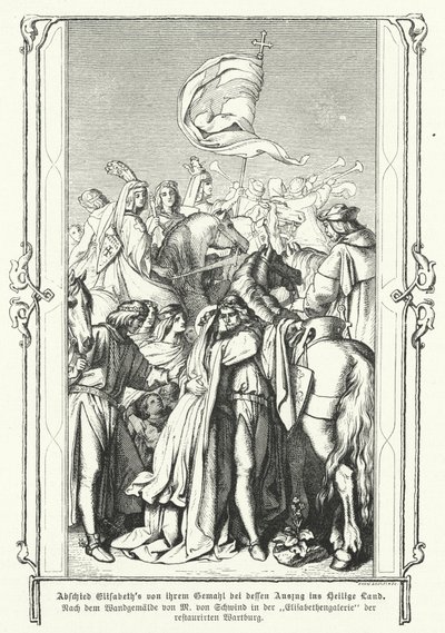 Św. Elżbieta Węgierska żegna się z mężem Ludwikiem IV, landgrafem Turyngii, gdy ten wyrusza, by przyłączyć się do VI Krucjaty autorstwa Moritz Ludwig von Schwind