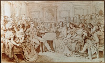 Kompozytor Franz Schubert towarzyszy tenorowi Johannowi Michaelowi Voglowi podczas wieczoru muzycznego u Barona von Spaun (Rysunek autorstwa Moritz Ludwig von Schwind