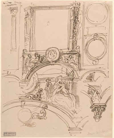 Detale architektoniczne dekoracji ściennej z cesarzową Marią Teresą obejmującą młodego Wolfganga Amadeusza Mozarta autorstwa Moritz Ludwig von Schwind