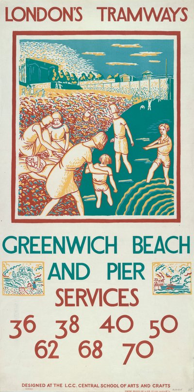 „Greenwich Beach and Pier”, plakat London County Council LCC Tramways, 1925 autorstwa Morris Kestelman