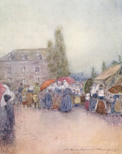Deszczowy dzień na jarmarku (kolorowa litografia) autorstwa Mortimer Ludington Menpes
