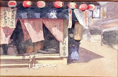 Na zewnątrz herbaciarni, Japonia, ok. 1887-88 (akwarela na karcie) autorstwa Mortimer Ludington Menpes