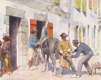 Na zewnątrz kuźni, Pont-Aven (kolorowa litografia) autorstwa Mortimer Ludington Menpes