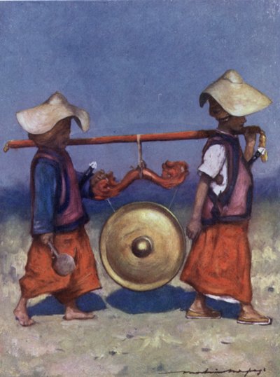 Uchwyty Shan niosące mosiężny gong (kolor lito) autorstwa Mortimer Ludington Menpes