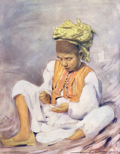 Dzieci świata: Indianin, Nawlekanie koralików (kolorowa litografia) autorstwa Mortimer Ludington Menpes