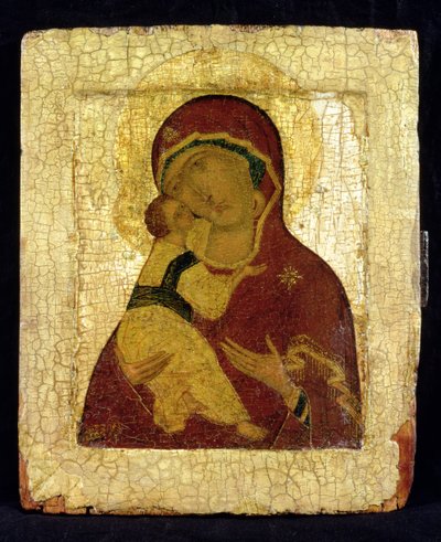Ikona Matki Boskiej Włodzimierskiej (złoty liść i tempera na panelu) autorstwa Moscow School