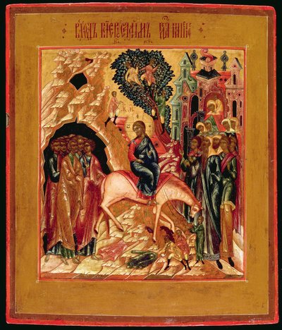 Rosyjska ikona Wjazdu do Jerozolimy, początek XIX w. (złoty liść i tempera na desce) autorstwa Moscow School