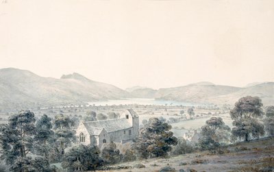 Widok na basen Bala, Llyntagit, z góry kościoła Llanfawr, Meirionethshire autorstwa Moses Griffith