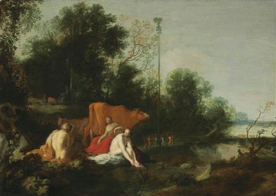 Niemiecki: Pan und Nymphen beim Baden Krajobraz z satyrem, nimfami i bydłem autorstwa Moses van Uyttenbroeck