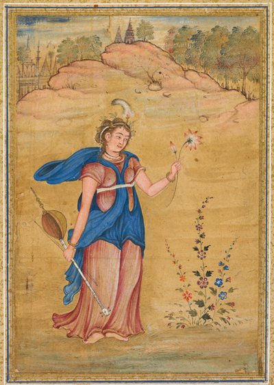 Postać kobieca stojąca w pejzażu, trzymająca czterostrunowy khuuchir i lotos, ok. 1590 (nieprzezroczysta akwarela ze złotem na papierze) autorstwa Mughal School