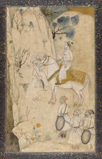 Książę na koniu z pięcioma towarzyszami przy wodospadzie (wc z piórem i atramentem, grafitem i złotem na papierze) autorstwa Mughal School