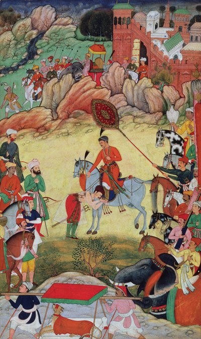 Adham Khan składa hołd Akbarowi w Sarangpur w środkowych Indiach, w 1560 lub 1561, z Akbarnama, 1590-98 autorstwa Mughal School