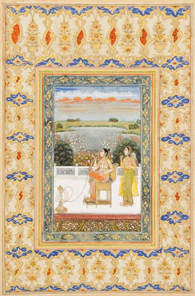Strona albumu: Gulbadan Begum palenie na tarasie, Delhi, ok. 1800 autorstwa Mughal School