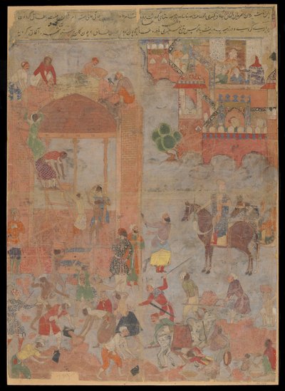 Anushirvan kładzie fundament pod Ktezyfon o godzinie pomyślnej, folio rękopisu, ok. 1560-1565 (nieprzezroczysta akwarela, tusz i złoto na tkaninie, oprawiona na tekturze) autorstwa Mughal School