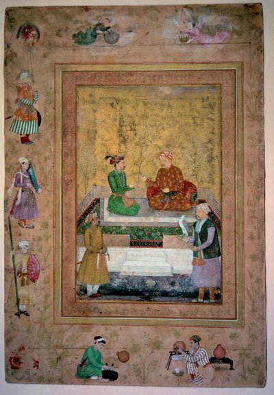 Art India: Akbar (1542-1605) i jego syn Jahangir (1569-1627). Gwasz na papierze 0,213 x 0,141m. Szkoła mongolska autorstwa Mughal School