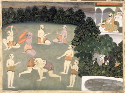 Sportowcy występują przed siedzącym szlachcicem, ok. 1760 (nieprzezroczysta toaleta na papierze) autorstwa Mughal School