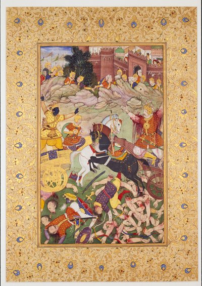 Scena bitwy: Pandawowie pod wodzą Kryszny
kontra Kaurawowie pod wodzą Bhiszmy, koniec XVI wieku (Obraz)
wiek (Obraz) autorstwa Mughal School