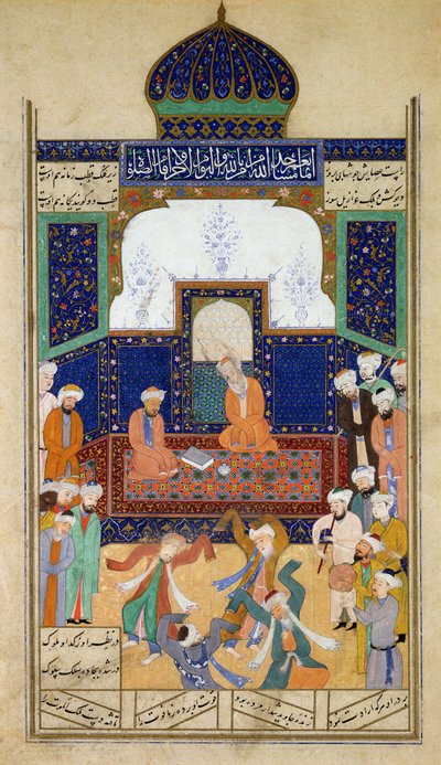 Derwisze tańczą do muzyki przed swoim Shaikiem i uczniem, z Khamsah księcia Khusrau, Matla al-Anvar, 1485 (890 Hijra) autorstwa Mughal School