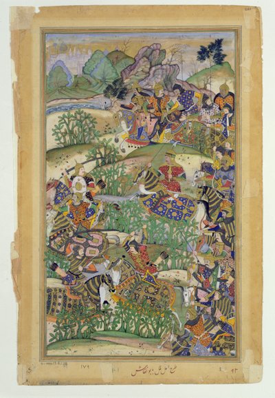 Cesarz Akbar (r.1556-1605) w bitwie pod Samal w 1572, z Akbarnamy wykonanej przez Abul Fazi, 1590-98 (nieprzezroczysta toaleta i złoto na papierze) autorstwa Mughal School
