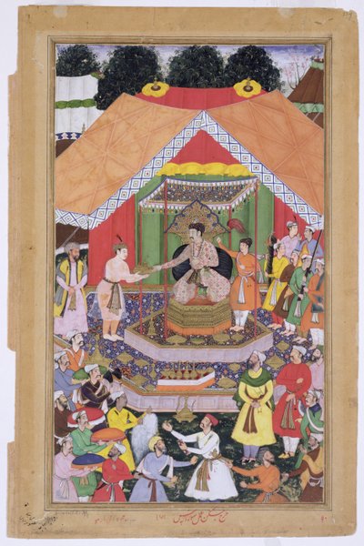 Cesarz Akbar (r.1556-1605) przyjmowany przez swojego przybranego brata Azima Khana w Dipalpur, Pendżab, 1571, z Akbarnamy wykonanej przez Abul Fazi, 1590-98 (nieprzezroczysta toaleta i złoto na papierze) autorstwa Mughal School