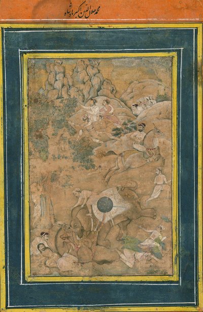 Cesarz Akbar kontrolujący słonia podczas polowania, początek XVII wieku (nieprzezroczysta akwarela, złota farba i tusz na papierze) autorstwa Mughal School