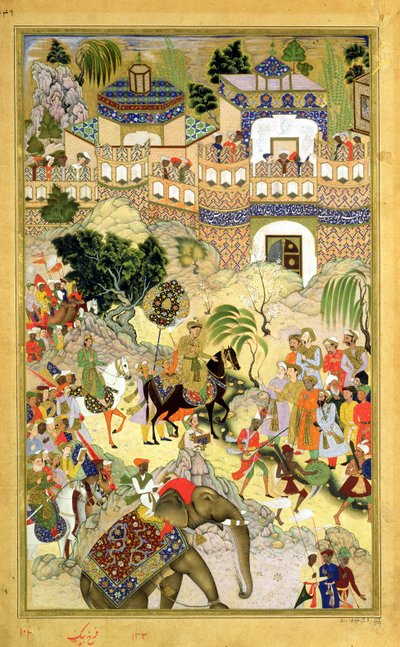 Triumfalny wjazd cesarza Akbarsa do Surat, z Akbarnamy wykonanej przez Abula Fazi (1515-1602) 1590-98 (nieprzezroczysta toaleta i złoto na papierze) autorstwa Mughal School