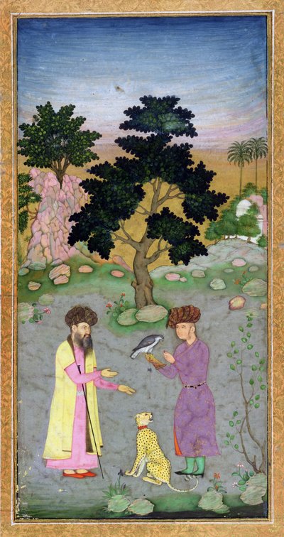 Sokolnik z towarzyszem i gepardem, z Małego Albumu Clive, ok. 1610-15 (nieprzezroczyste wc na papierze) autorstwa Mughal School