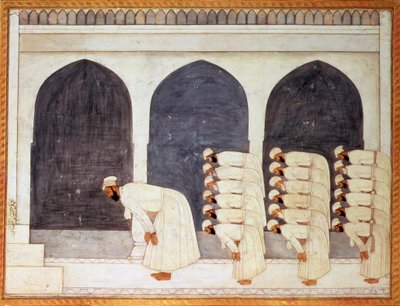Folio.38a Książę-mogul w meczecie prowadzący piątkowe modlitwy z dużego albumu Clive, Mogołów, ok. 1720 autorstwa Mughal School