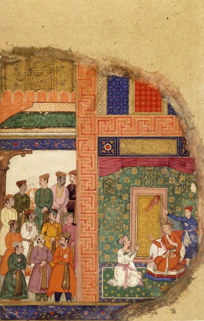 Król Dasaratha rozmawia z księdzem rodzinnym o regencji Ramy w pałacu, podczas gdy dworzanie i ministrowie czekają na dziedzińcu, ok. 1595 autorstwa Mughal School