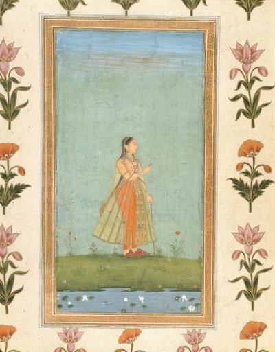 Dama trzymająca kwiat, stojąca przy sadzawce z liliami, z Albumu Małego Clive (wc nieprzezroczyste na papierze) autorstwa Mughal School