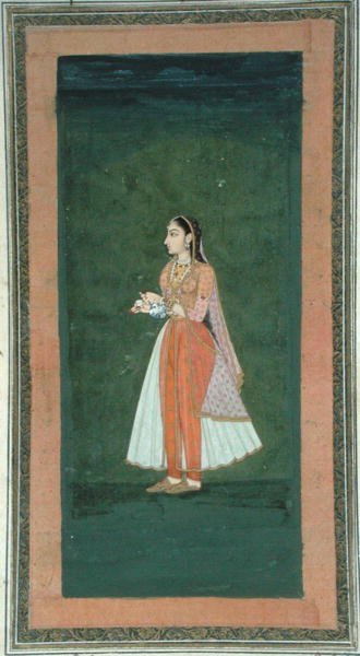Pani trzymająca fiolkę i kielich wina, z Małego Albumu Clive (nieprzezroczysta akwarela na papierze) autorstwa Mughal School