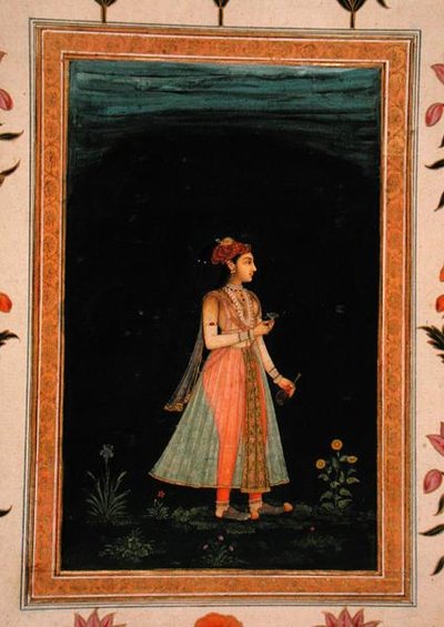 Pani trzymająca w nocy butelkę wina i kieliszek, z albumu Small Clive autorstwa Mughal School