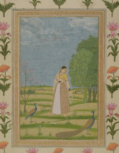 Dama z pawiami, z Małego Albumu Clive (wc nieprzezroczyste na papierze) autorstwa Mughal School