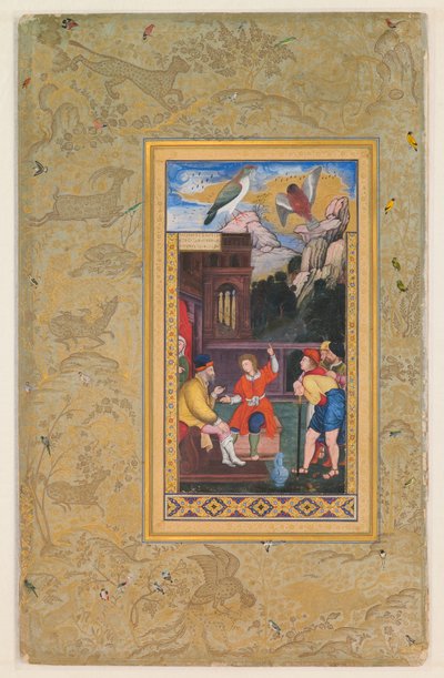 Strona z albumu wykonanego dla Jahangira, verso: Joseph Telling His Dream to His Father, recto kaligrafia z pierwszej połowy XVI wieku; verso obraz z ok. 1590 roku; album z lat 1608-19 (akwarela, złoto i tusz na papierze) autorstwa Mughal School