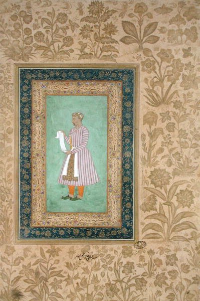Portret Murtazy Khana trzymającego zwój, ok. 1610 (gwasz na pergaminie) autorstwa Mughal School