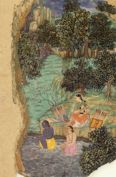 Rama i Lakszmana ofiarują wodę swojemu zmarłemu ojcu nad brzegiem rzeki Mandakini, ok. 1595 autorstwa Mughal School