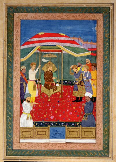 Cesarz Mogołów Babur (1526-30) siedzący na tronie odbierający księcia, Johnson Album I, nr 3 z numerem 65 autorstwa Mughal School