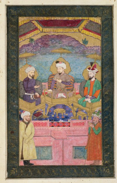 Timur (1336-1405), Babur (1483-1530, r.1526-30) i Humajan (1508-56, r.1530-56) w intronizacji, z Wielkiego Albumu Clive