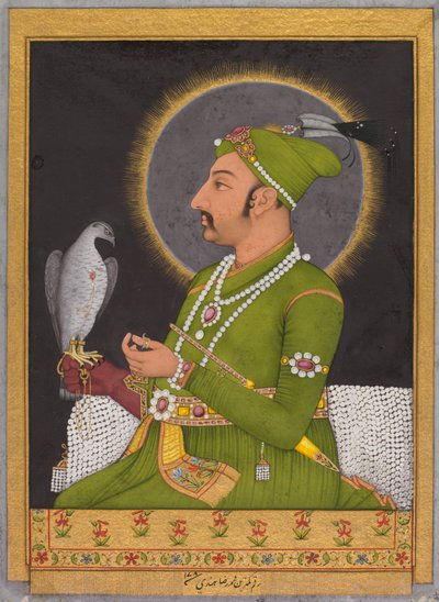 Portret pośmiertny cesarza Mogołów Muhammada Szacha (panującego 1719-1748) trzymającego sokoła (recto) autorstwa Muhammad Rizavi Hindi