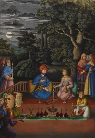 Odcinek z historii indyjskiej księżniczki: Wizyta króla Turktazī w magicznym ogrodzie Turktaz, Królowej Wróżek, MS OR.2265, f.221v autorstwa Muhammad Zaman