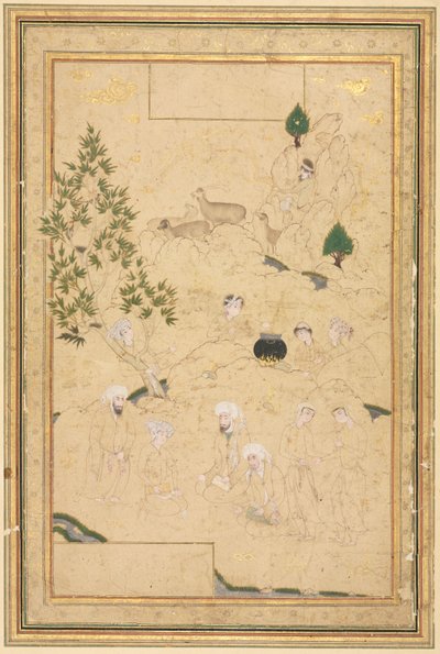 Piknik w górach, ilustracja na jednej stronie, ok. 1930 r. 1550-1600. autorstwa Muhammadi
