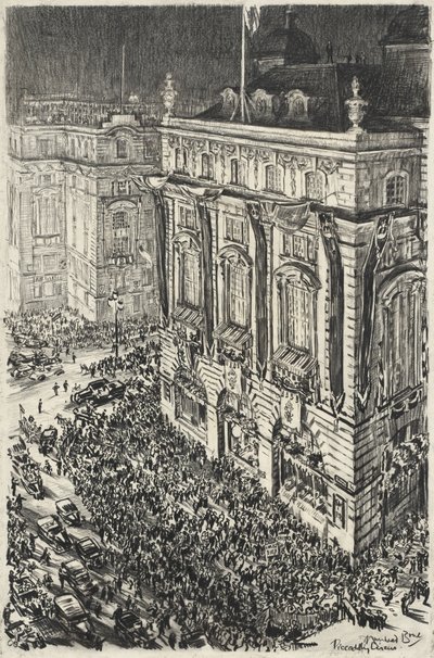 Piccadilly Circus, wigilia koronacji Jerzego VI autorstwa Muirhead Bone