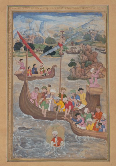Aleksander jest opuszczany do morza, Folio z Kwintetu Khamsa Amira Khusrau..., 1597-98. autorstwa Mukund
