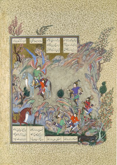 Anioł Surusz ratuje Khusrau Parviz z zaułka, Folio 708v z..., ca. 1530-35. autorstwa Muzaffar 