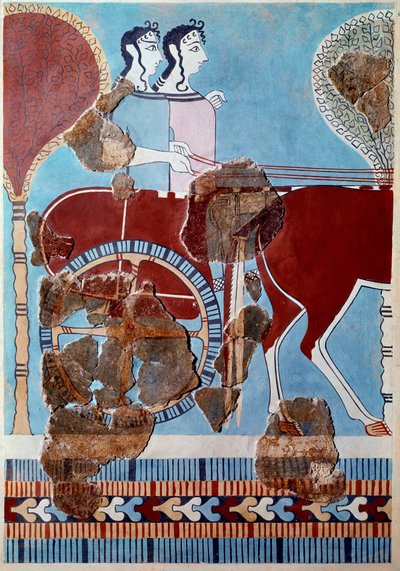Sztuka mykeńska: para na czołgu. Fragment fresku z pałacu Tiryns i rekonstrukcja autorstwa Mycenaean