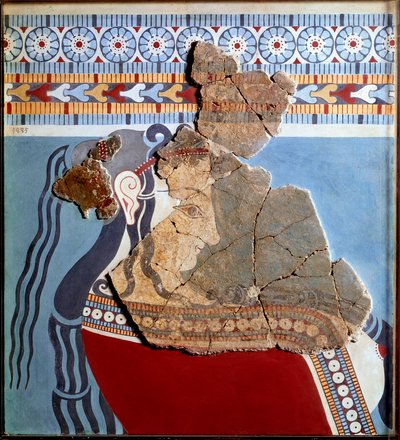 Sztuka mykeńska: popiersie kobiety. Fragment fresku z pałacu Tiryns i rekonstrukcja autorstwa Mycenaean
