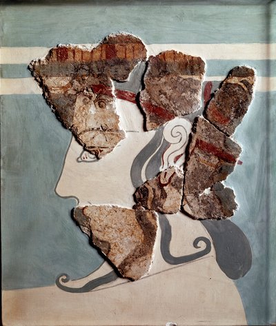Sztuka mykeńska: kobieca głowa. Fragment fresku z pałacu Tiryns autorstwa Mycenaean