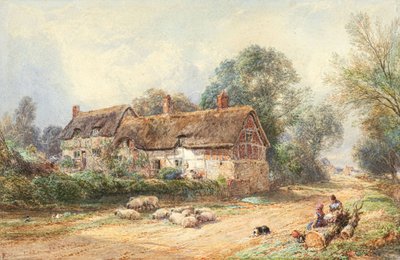 Chata kryta strzechą na uliczce (akwarela) autorstwa Myles Birket Foster