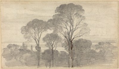 Wieczorny krajobraz z wysokimi drzewami autorstwa Myles Birket Foster